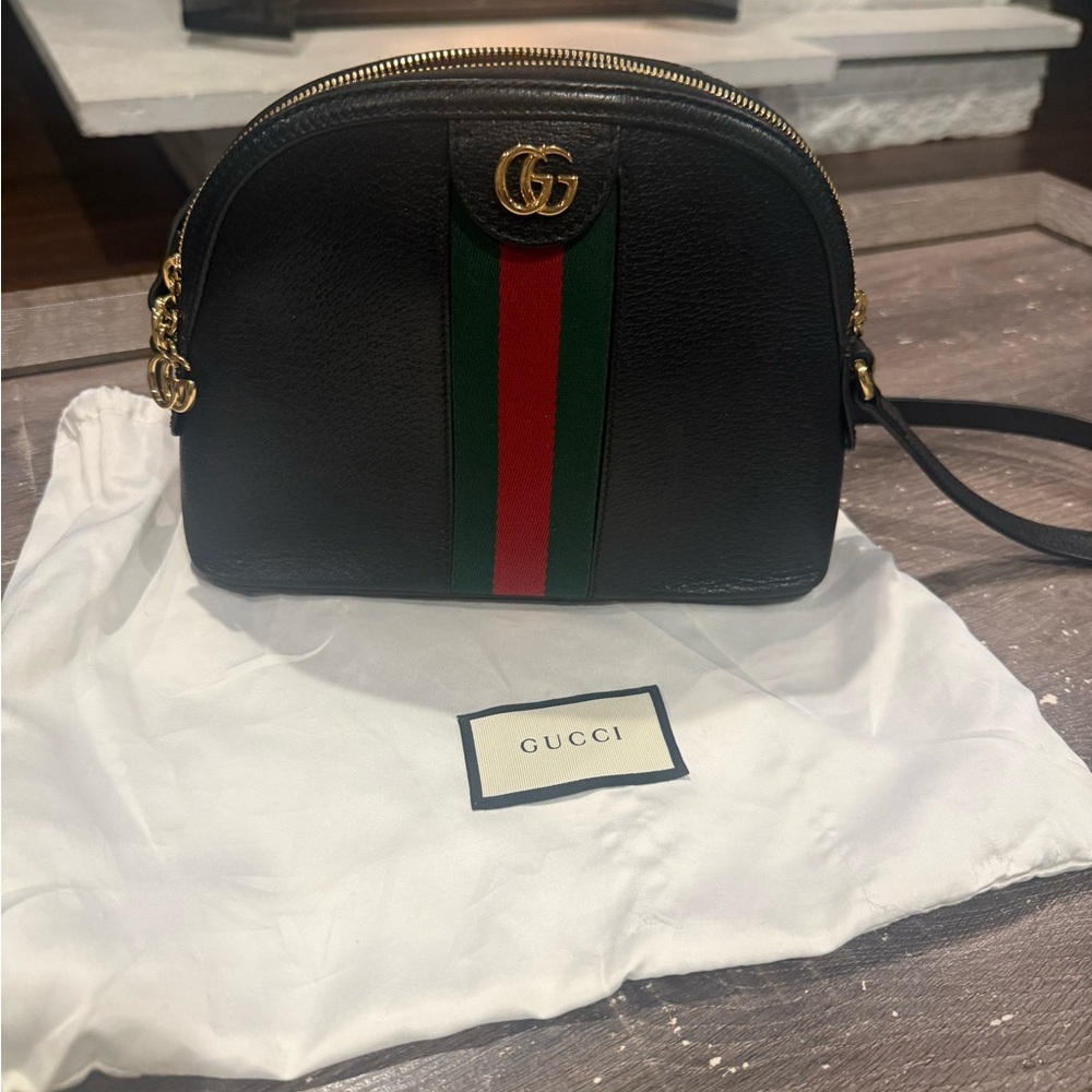 Gucci Black Leather Crossbody with Green and Red Web Stripe